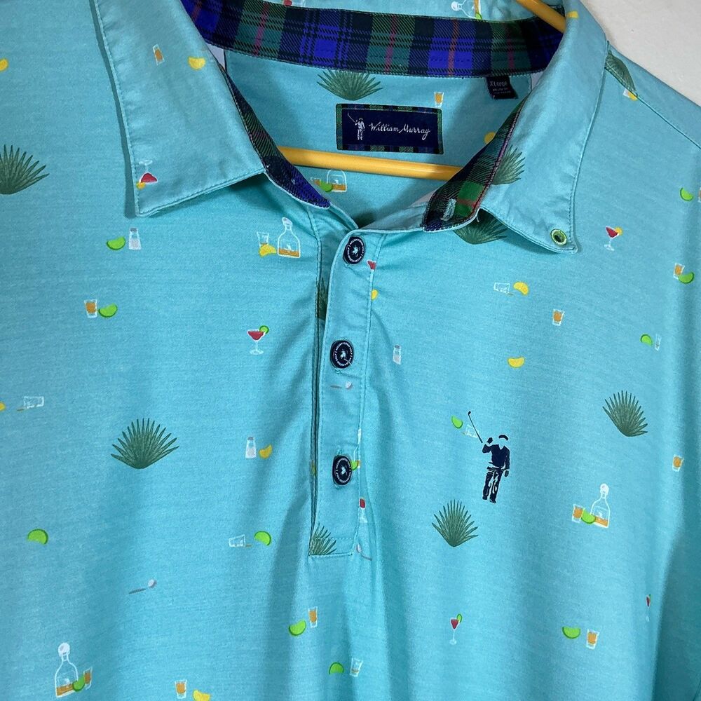 William Murray Tequila Golf Polo Shirt Mens XL Turquoise Blue Plaid Collar Line